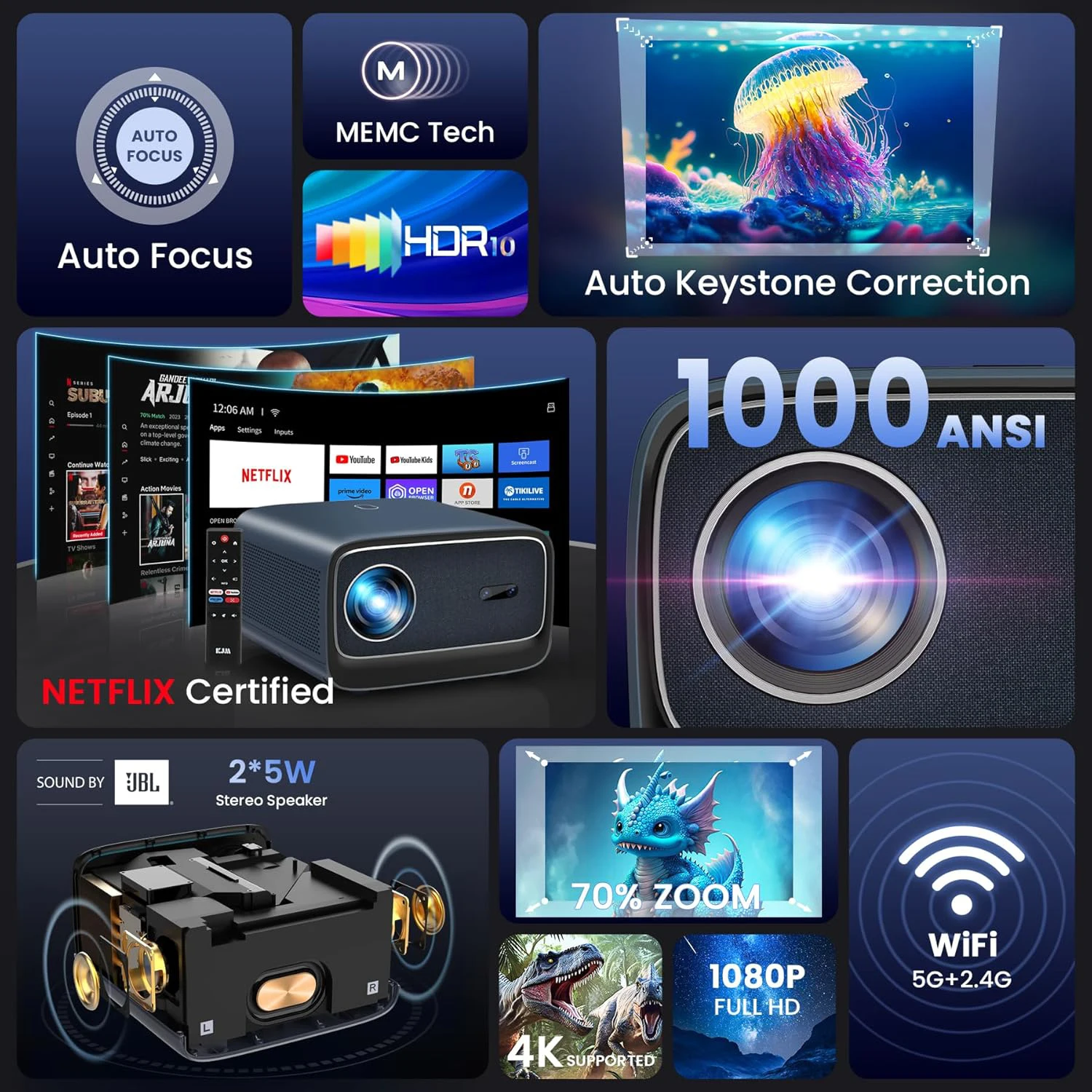 Фото Глобальное приложение Wupro/OEM K2, домашний кинотеатр, поддержка 4K, умный проектор, встроенный динамик, 1000 ANSI люмен, автофокус, ЖК-проектор для игр №2