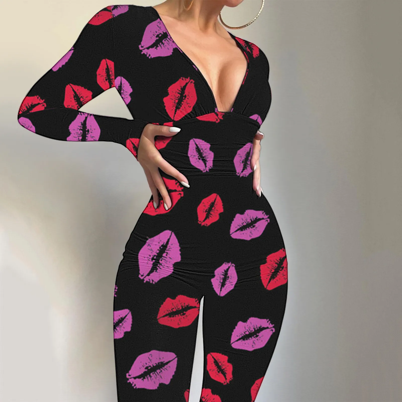 

Облегающий комбинезон с принтом губ, комбинезоны с V-образным вырезом, облегающий корсет с длинным рукавом, женская одежда