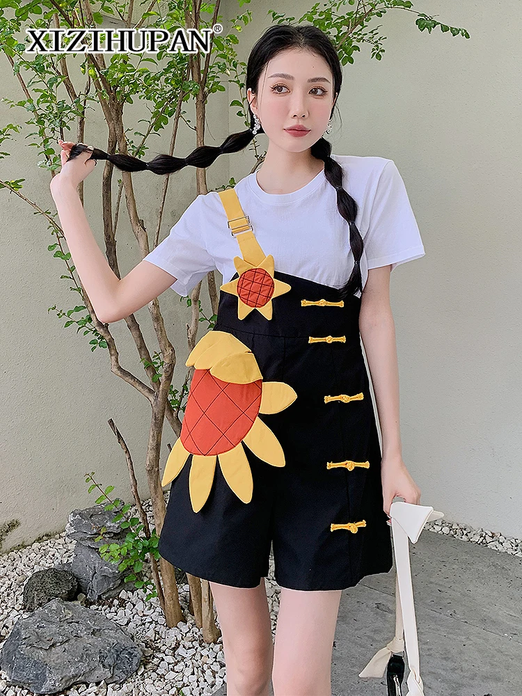 

XIZIHUPAN Summer Fashion Loose Overalls For Women Sleeveless High Waist Patchwork Appliques Short Overall Female Fashion Clothes