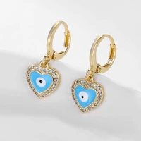new retro style heart shape metal zircon dripping oil evil eye pendant copper hoop earrings glamour luxury jewerly for women