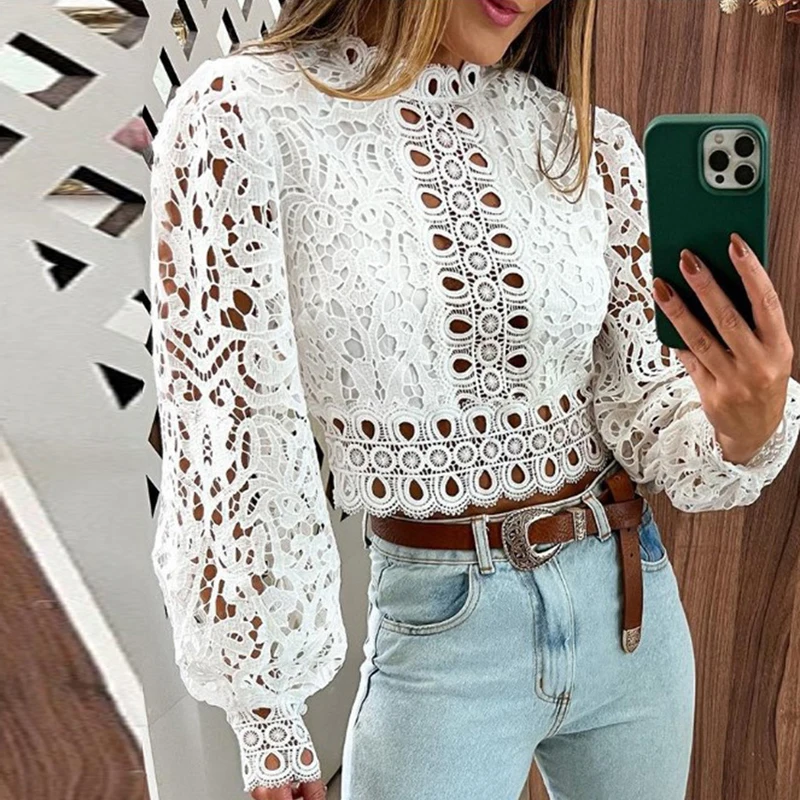 

Sexy Hollow Lace Long Sleeve Shirt 2023 Fashion O Neck Lantern Sleeve Club Party Top White Perspective Embroidery Women Blouses