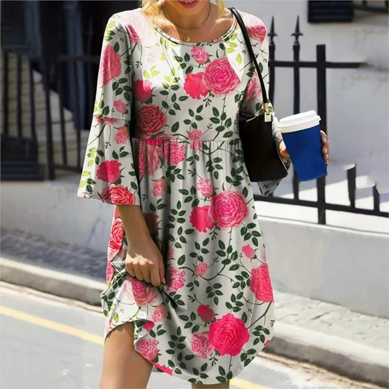 

Женское платье-трапеция с круглым вырезом, рукавом 2023 и принтом