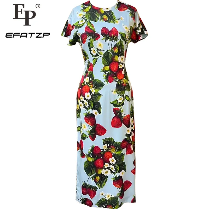 

EFATZP Fashion Runway Summer Silk Dress Women Short sleeve Strawberry Flower Print Elegant Vacation Slim Party Dresses