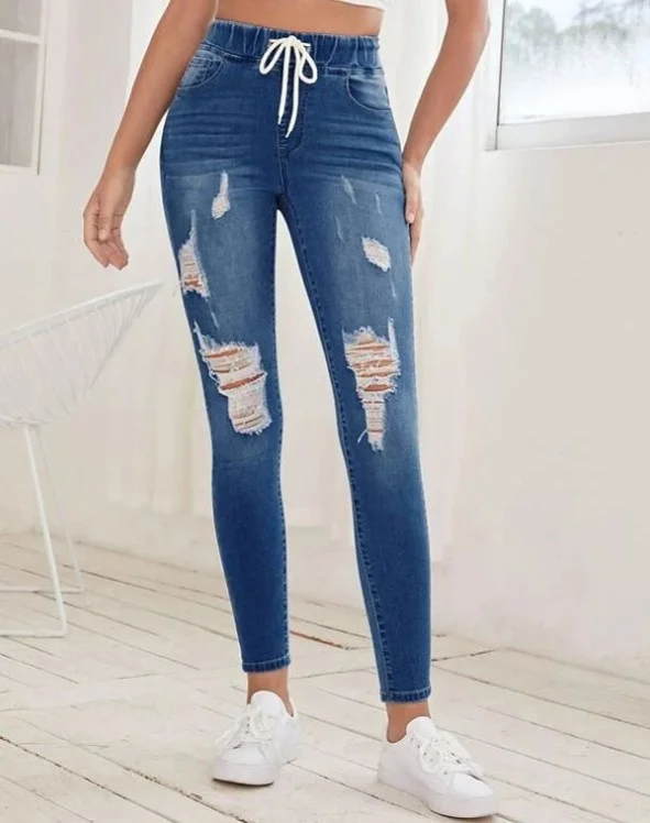 

2022 jeans vintage Women's Elastic waist elastic jeans high waist hole Slim small foot lace up pants jeans woman high waist