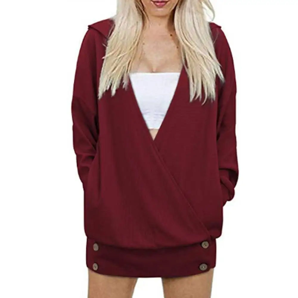 

Casual Women Solid Color Deep V Tops Loose Streetwear Hoodied Female Long Sleeve Pullover Buttton Ladies Asymmetrical T Shirts