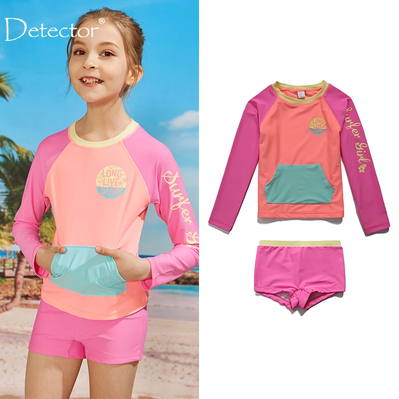 

Kids Girl Swimsuit Long Sleeve Rash Guard 2-14Y Children Pocket Swimwear Cartoon Pink Cute Swimming Suit for Girl Bathing Suit