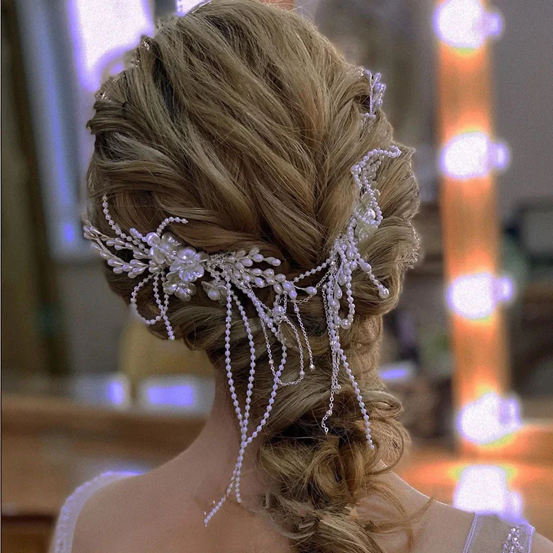 Bride's wedding veil headdress Ear of wheat flower pearl rhinestone chain tassel hairpin pair clip hem versatile dress accessori