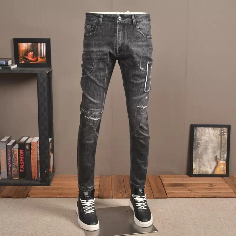 Fashion Streetwear Men Jeans Retro Black Gray Stretch Slim Fit Ripped Jeans Men Patched Pocket Designer Hip Hop Pants Hombre