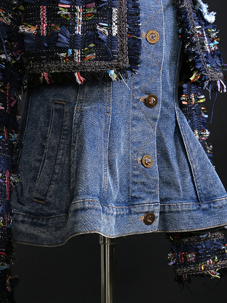 [EAM] Свободная черная джинсовая твидовая куртка большого размера Новое Женское