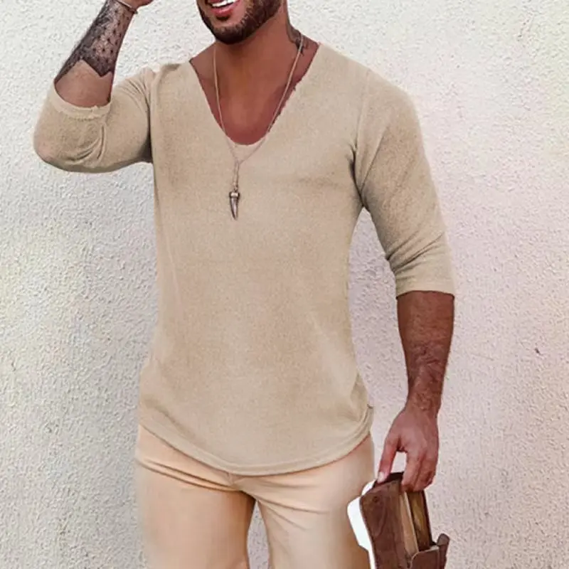 Mens New Autumn Casual Skinny Long Sleeve V-Neck Tee Shirt 2022 Fashion All-match Tops Pullover Retro Rib Solid Knitted Shirts