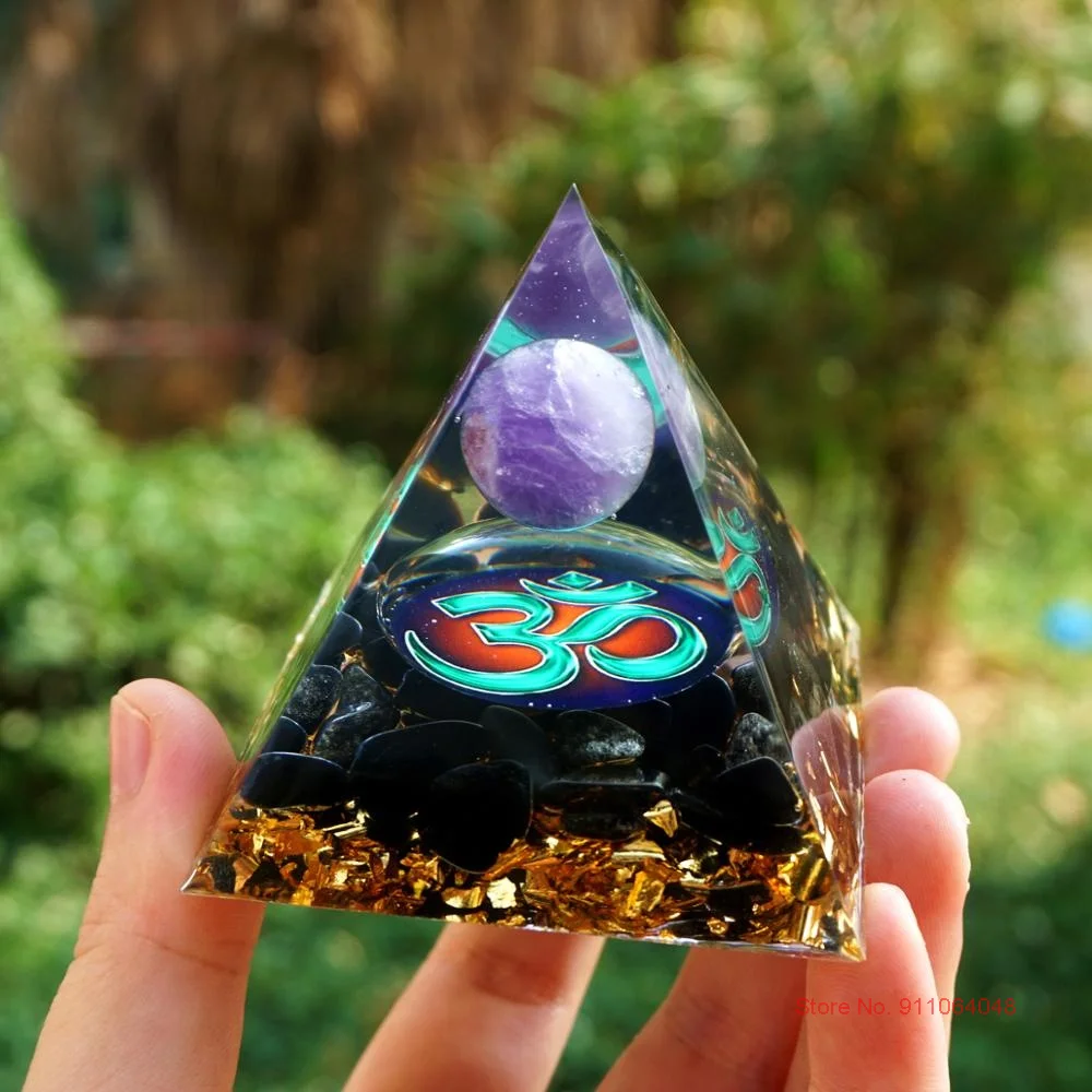 

2022 Amethyst Crystal Sphere Orgonite Pyramid With Obsidian Stone Energy Healing Chakra Orgone Collection EMF Protection Tool