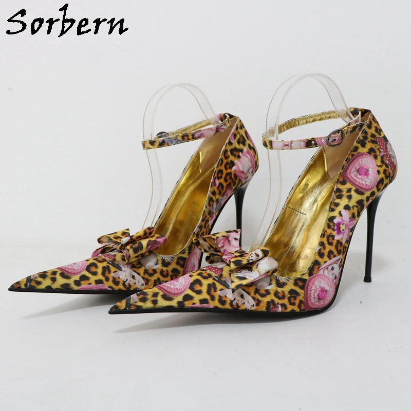 

Sorbern Vintage Leopard Women Pump Shoe Ankle Straps Pointed Toe 12Cm Metal High Heel Stilettos Bowknot Prom Party Heeled