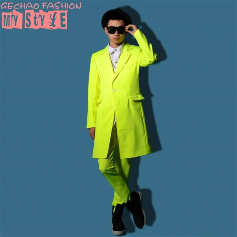 Fluorescent yellow suits mens blazers stage nightclub singer hair salon bar costumes accessories