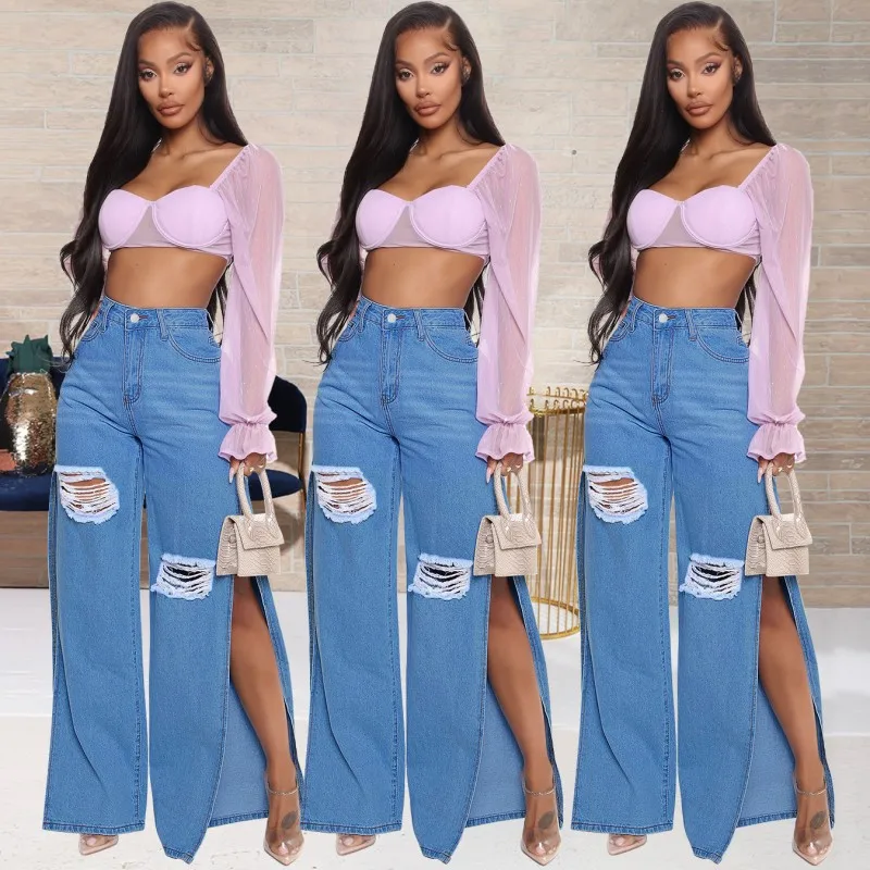 Sexy Hole Jeans Women Stretch Split Wide Leg Denim Flare Long Pants Spring Autumn New High Street 2022 Blue Ladies Fashion Club