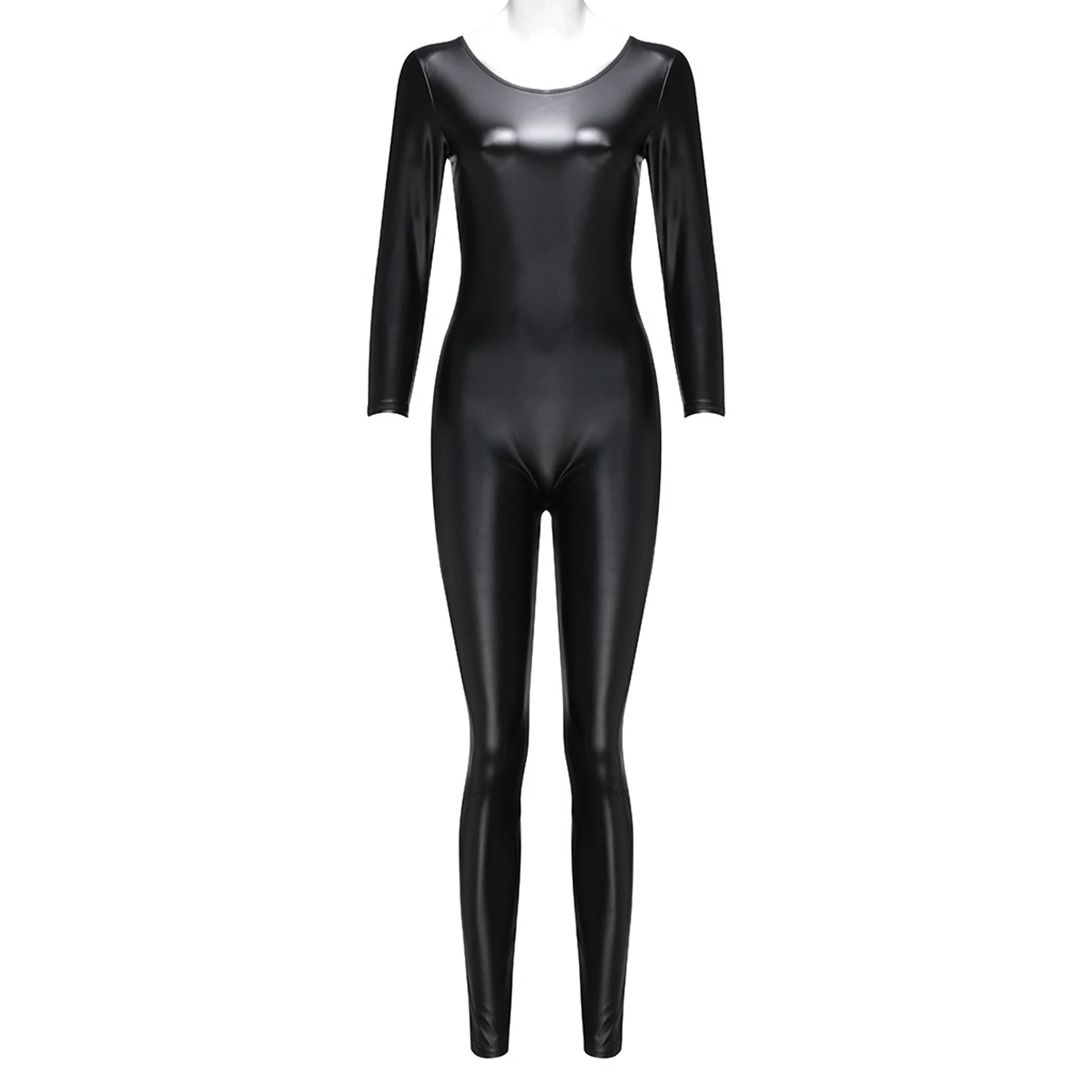 

Women Faux Leather Long Sleeve Bodysuit Ladies Black Color Round Neck Back Invisible Zipper Jumpsuits Party Clubwear