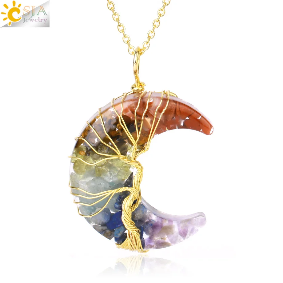 

CSJA Healing 7 Chakras Natural Stone Necklace Pendant Wire Wrapp Tree of Life Crescent Moon Pendants Stainless Steel Chain S946