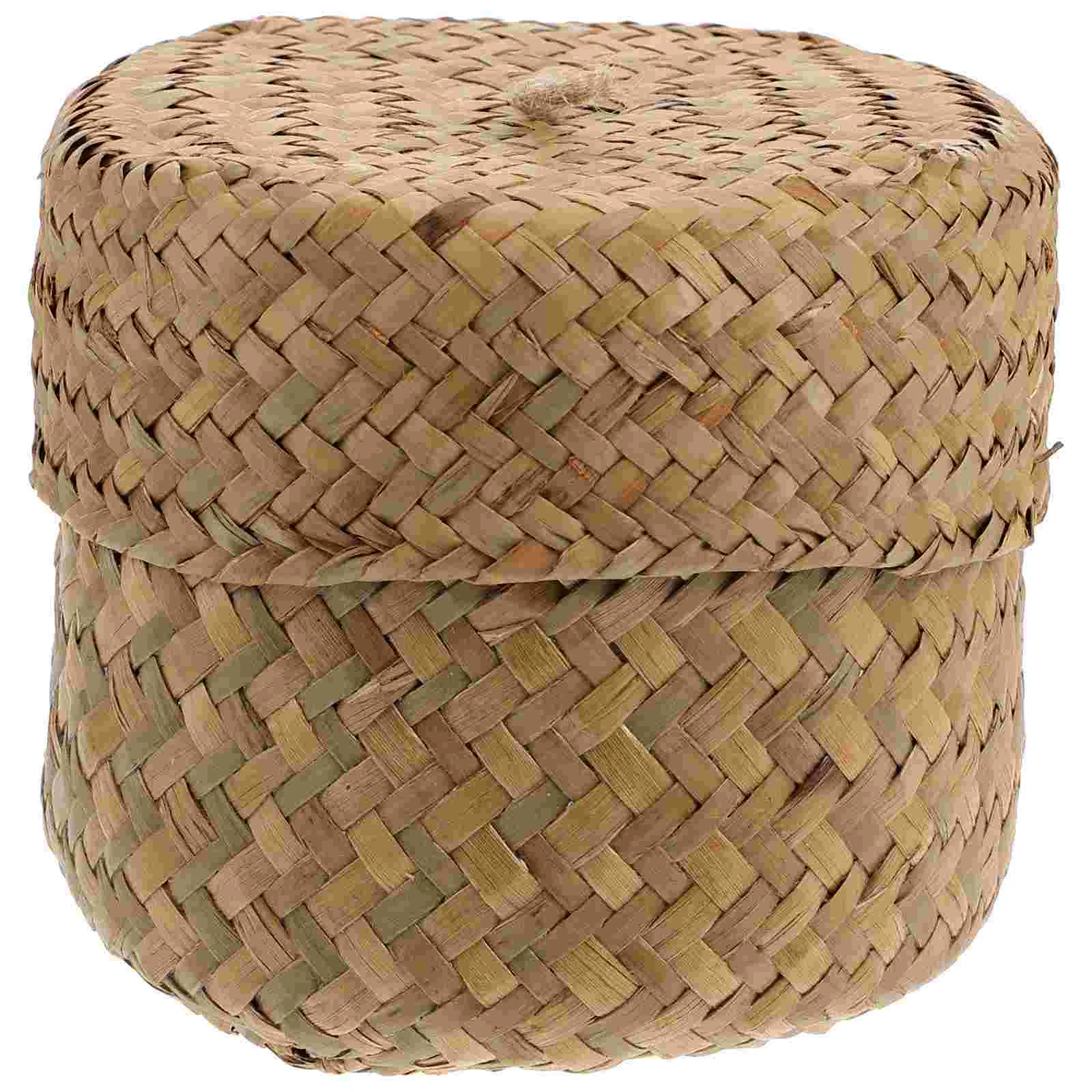 

Basket Woven Storage Seagrass Flower Wicker Baskets Lid Round Rattan Box Hand Organizer Planter Pot Mini Fruit Vase Serving