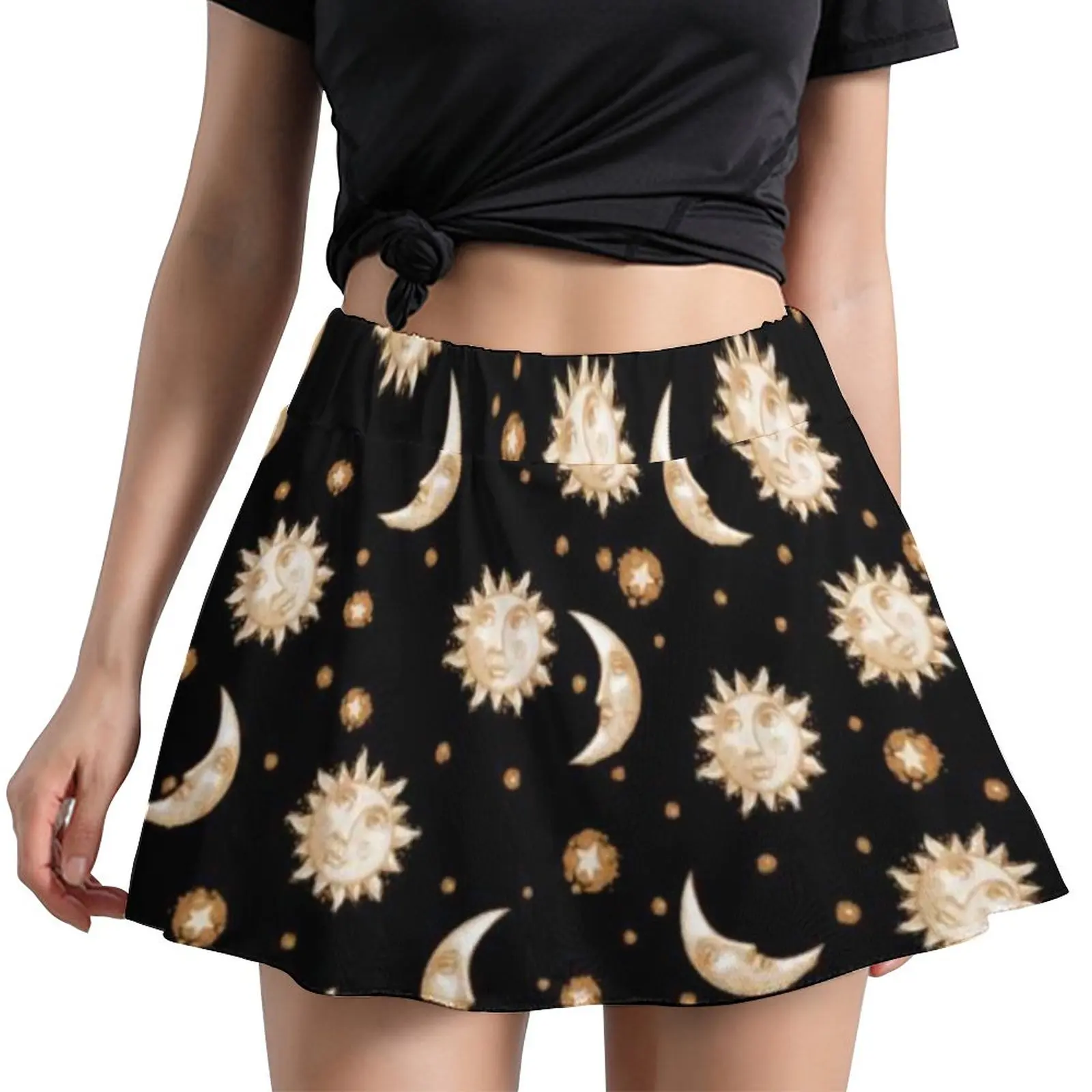 

Retro Celestial Sun Skirt Moon Gold Black Print Cute Mini Skirts Summer High Waist Pattern Street Style Casual Skirt Big Size