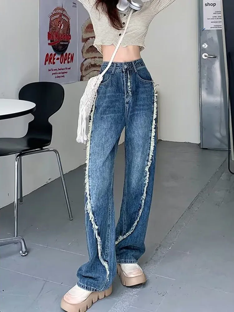 

Женские джинсы с завышенной талией, винтажные прямые мешковатые джинсовые брюки с необработанными краями, уличная одежда, широкие брюки в стиле ретро, модные повседневные женские джинсы для девушек