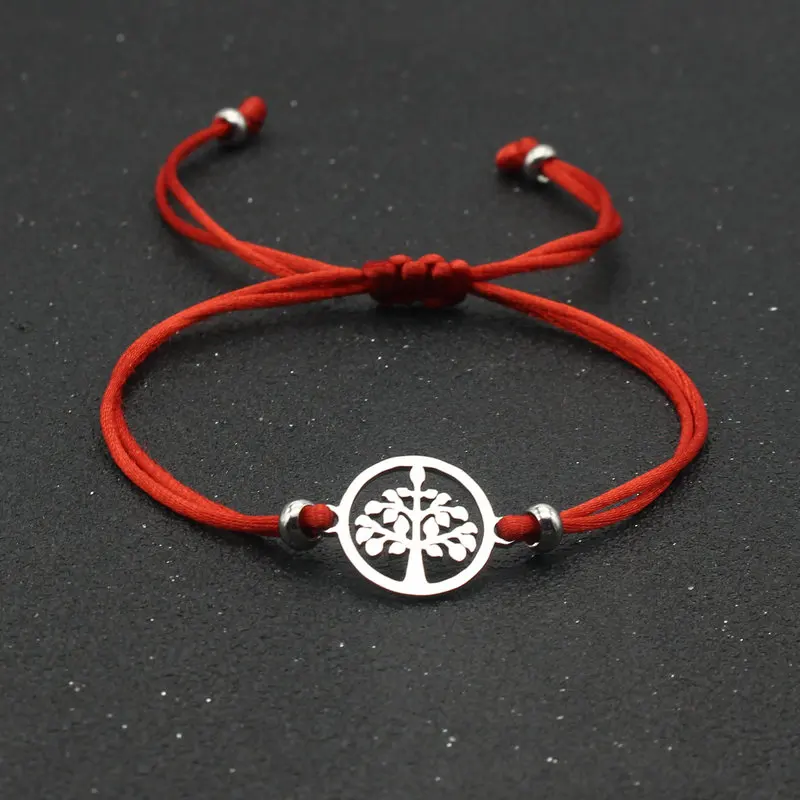 

Stainless Steel Round Life Tree Charm Bracelets for Women Men Handmade Adjustable Lucky Red String Bracelet Couple Jewelry Gift