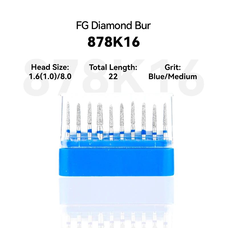 

10pcs Dental Clinic Products 878K16 298-016M Diamond Bur FG High Speed 1.6(1.0)/8.0 22.0 Blue Medium Intra-oral Tools Material