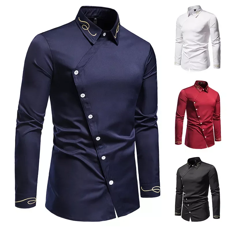 

Hollow European Size Men's Trend Embroidered Asymmetric Long-sleeved Shirt Western Shirt Slim Fit Social Dress