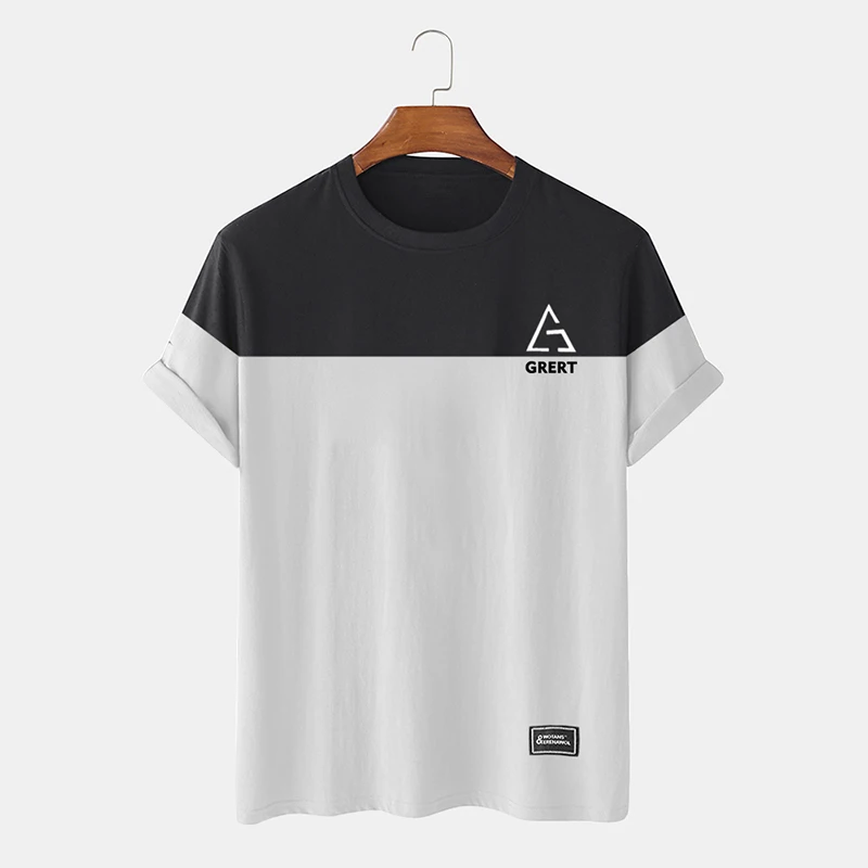 

CharmkpR Tops 2022 Men Two Tone Geo Letter Printing Camiseta Casual Streetwear Male All-match Simple Short Sleeve T-Shirts S-2XL