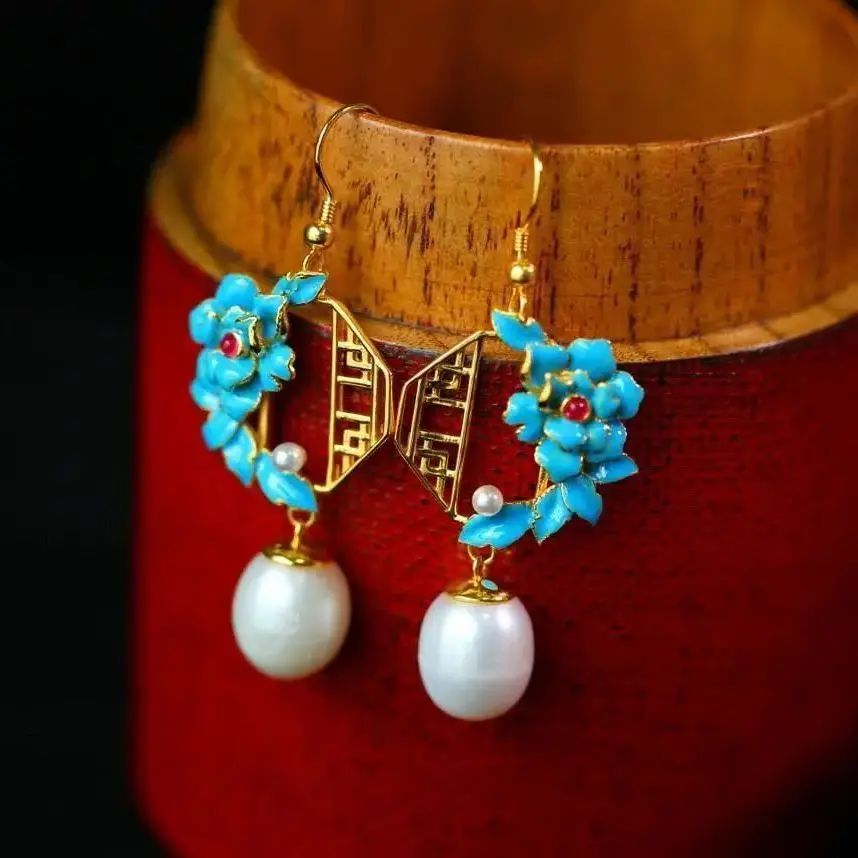 

925 Natural Hetian Jade Enamel Pearl Earrings Thai Blue Hollow Earrings Fashion Simple Elegant Jewelry Women Aretes De Mujer