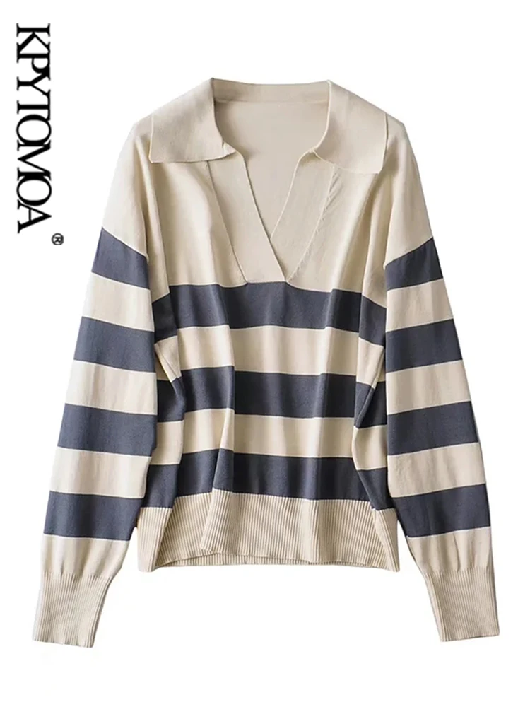 

KPYTOMOA женский модный Свободный Полосатый вязаный свитер, винтажный воротник поло, женские пуловеры с длинным рукавом, шикарные топы