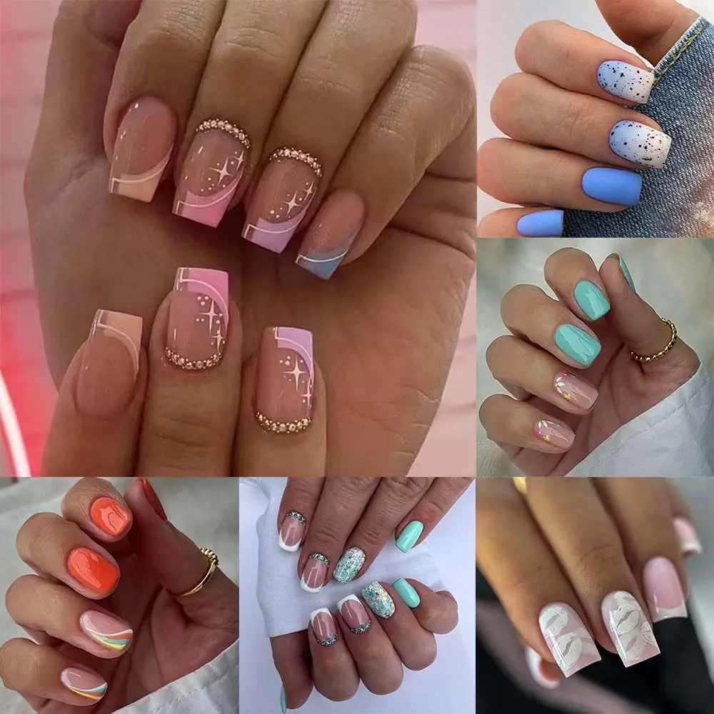 Новинка длинные квадратные накладные ногти белые губы морщинки радужные полосы