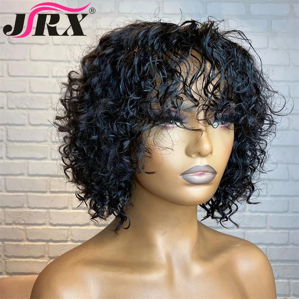 Pixie Cut Short Bob Jerry Curly Human Hair Wigs with Bangs Full Machine Made Wigs Wigs For Women Peruvian Fringe Remy Hair