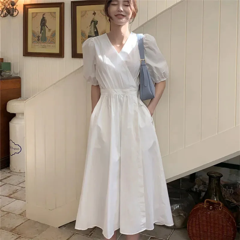 

Lucyever Korean Style White Dresses Women Elegant Puff Sleeve V-Neck Midi Dress Female Fashion Lace Up Streetwear Maxi Dress