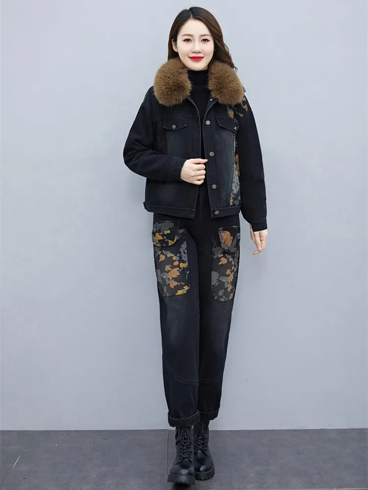 Женский джинсовый костюм из двух предметов повседневный утепленный джинсовой