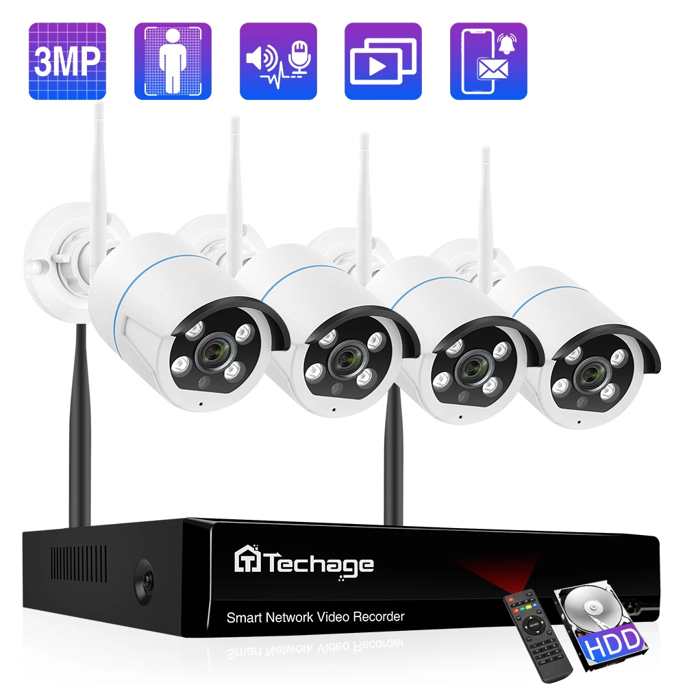 Techage H.265 8CH 3MP Wireless Camera System Audio Record Smart IR Cut Outdoor Waterproof CCTV Vedio Security Surveillance Set