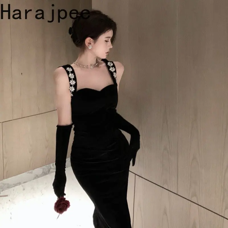 

Harajpee 2023 French Hepburn Diamond Set Velvet Sexy Black Evening Dress Slip Niche Birthday Party Lady Dresses Clothing