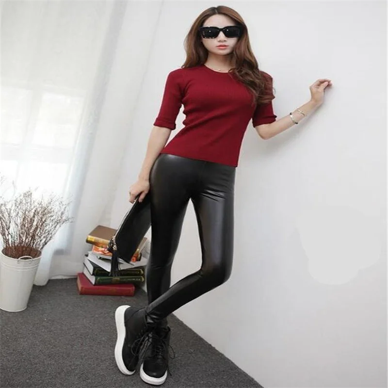Леггинсы женские из искусственной кожи пикантные эластичные тонкие черные штаны