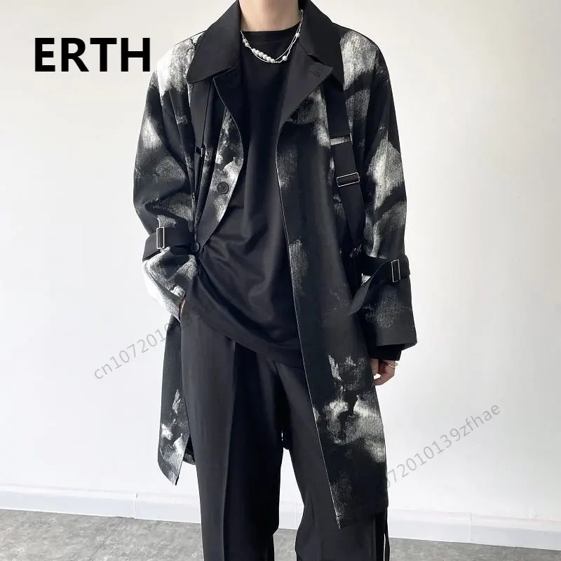 

Модное Длинное Пальто ERTH мужские чернила Tie-dye Design, осенне-зимняя черная однобортная винтажная уличная одежда, ветровка, свободная куртка