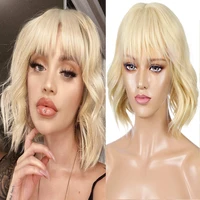 womens fashion blonde bob wigs with bangs short synthetic curly hair wig natural as real heat resistant charming party wig