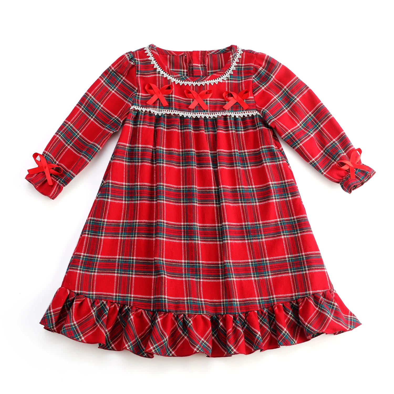 Classic Red Christmas Velvet Nightdress Kids Long Sleeve Thick Pyjamas Infant Girls Frill Night Gown images - 6