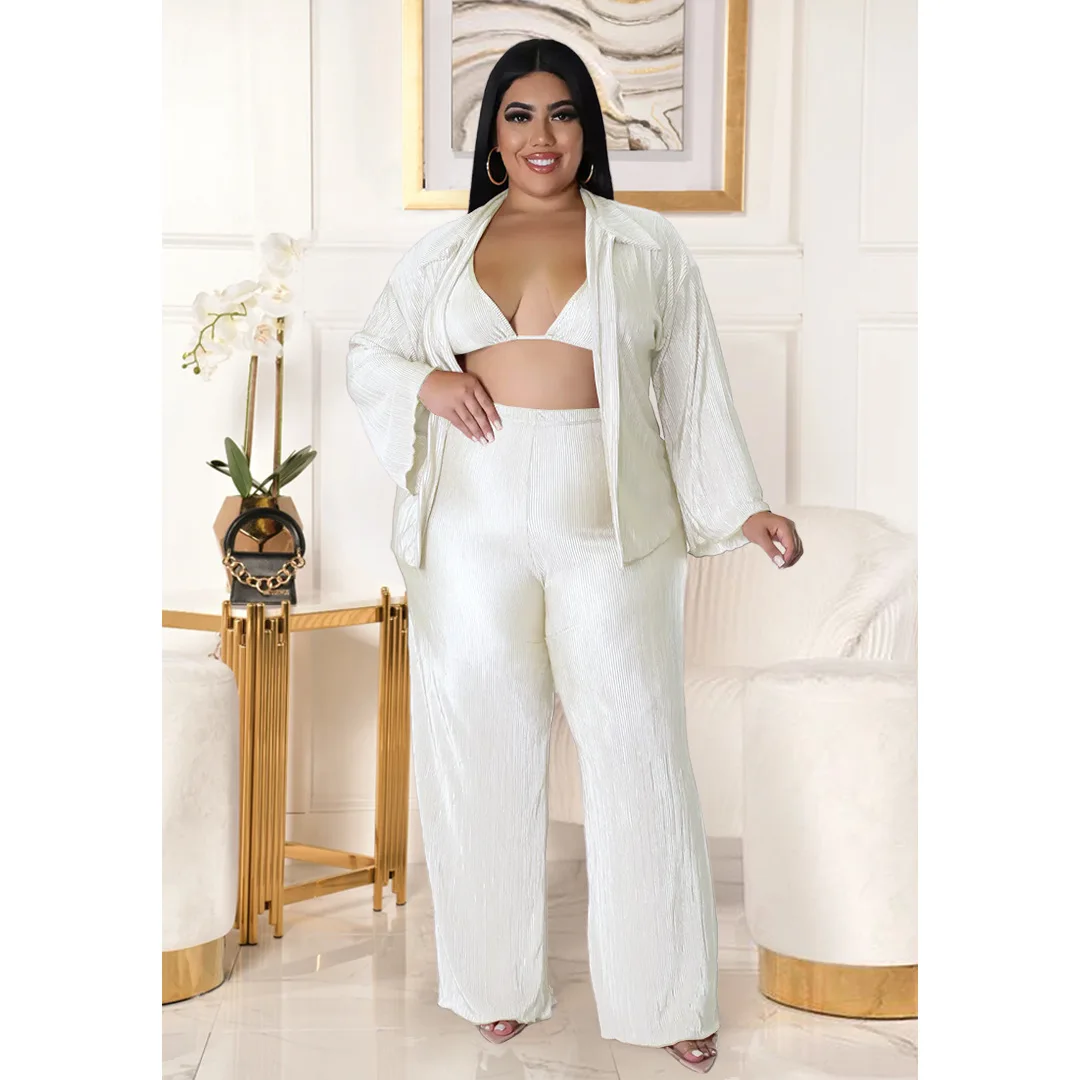 

Perl Solid Color Light Pressed Pleated Wide-Leg Pants 3-Piece Set Plus Size Women Clothing Autumn Outfit Casual Matching Set 5XL