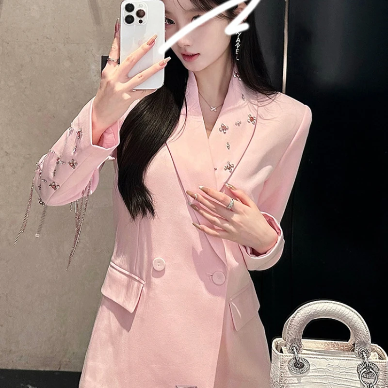 Женский пиджак с заклепками и бахромой двубортный свободная бриллиантовая