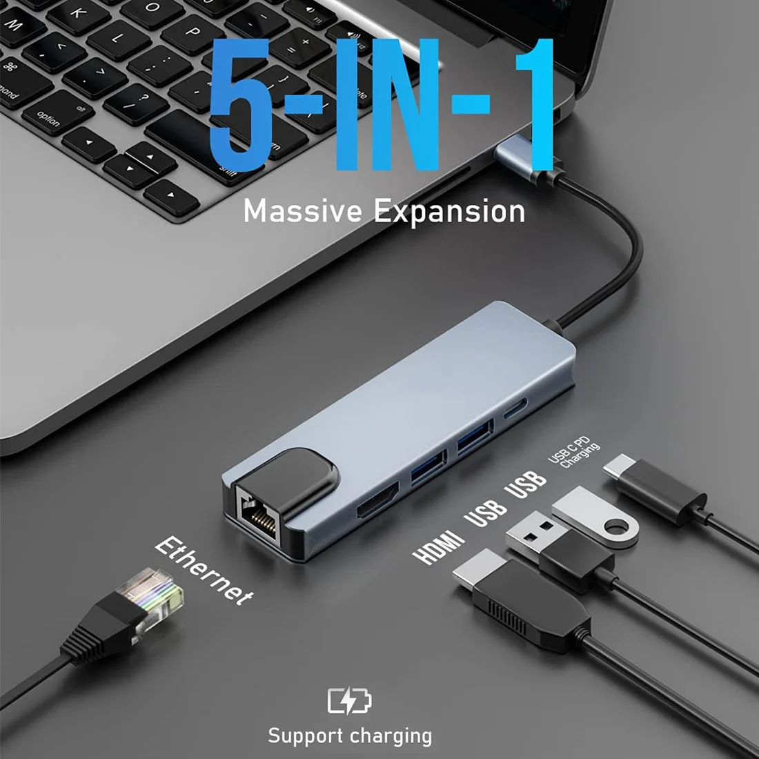 

Usb-Куб 5 в 1 с Type C на 4k Usb3. 0 док-станция для локальной сети Ethernet, адаптер для зарядки планшетов Macbook Air / Pro
