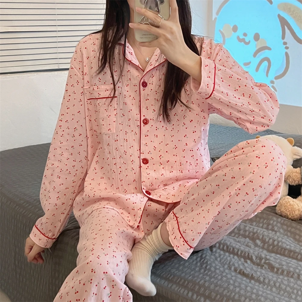 CAIYIER Peach Heart Woemn Korean Sleepwear Winter Cotton Sweet Girls Nightwear Long Sleeve Elastic Waist Homewear Pyjamas Mujer