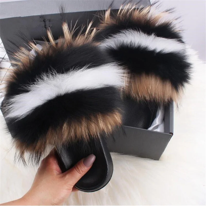 Real Fox Fur Fluffy Slippers Women's Spring Summer Fashion Raccoon Plush Fur Shoes EVA Flip Flops Sliders 2022 Shoes For Women