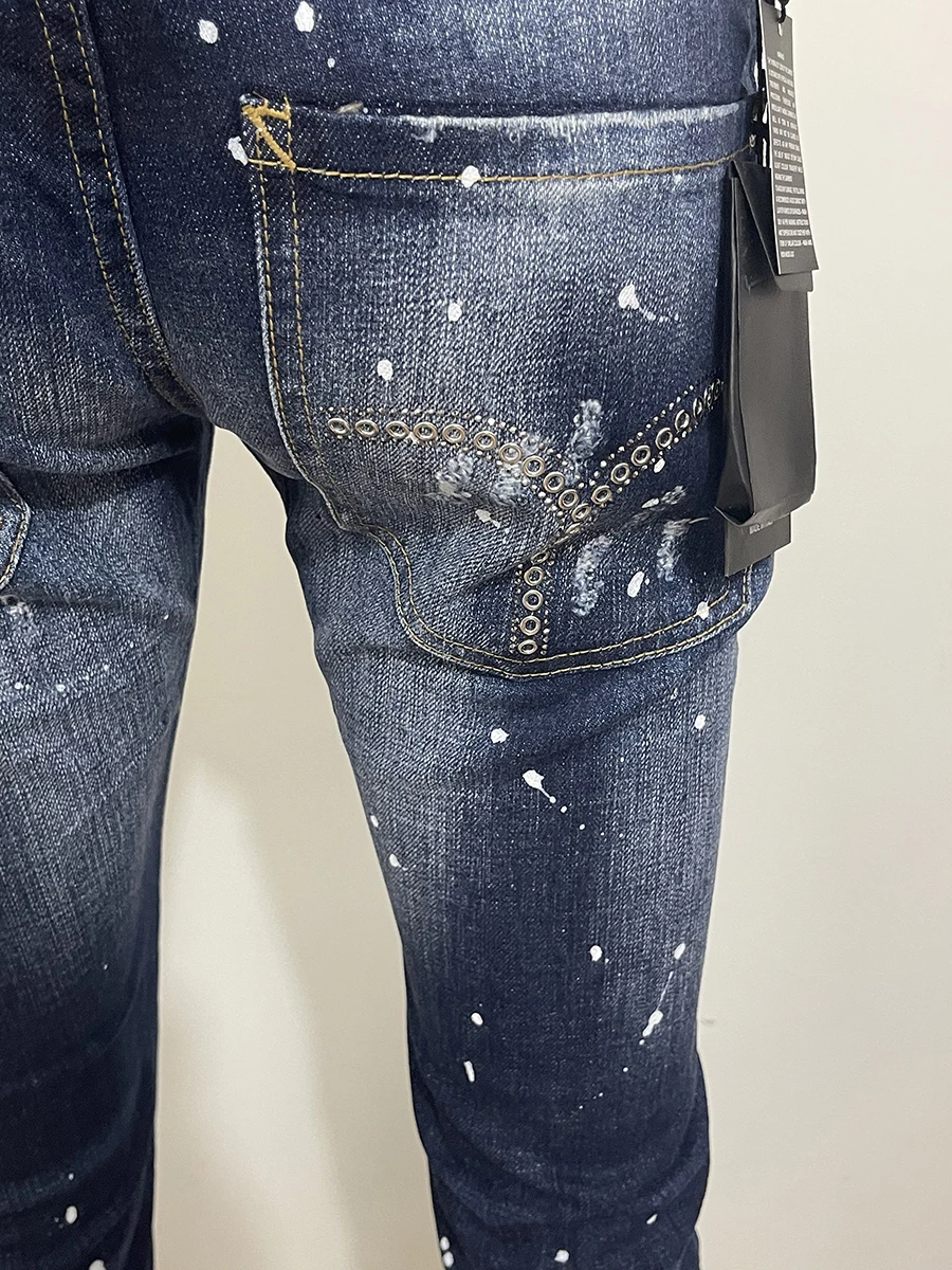 2023 new jeans three-dimensional cut D2 Men's jeans dark blue slim-fit little bullet worn edge casual trend