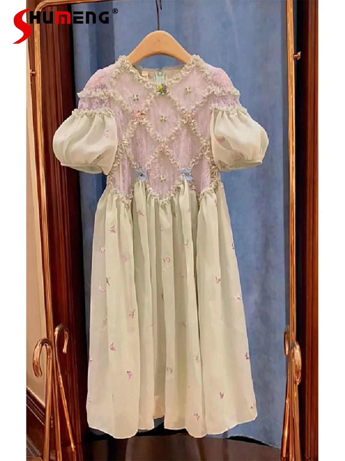 

French Style Fashion Chic Unique High Sense Mid-calf Dress Women 2022 Summer European Elegant Embroidery Lace Puff Sleeve Dress