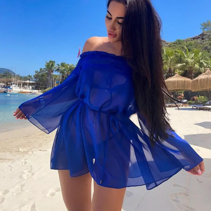 

Women Sexy Summer Mesh See Through Blouse Tunic Solid Color Drawstring Baggy Sleeve Ruched Off Shoulder Bathing Beach Dress