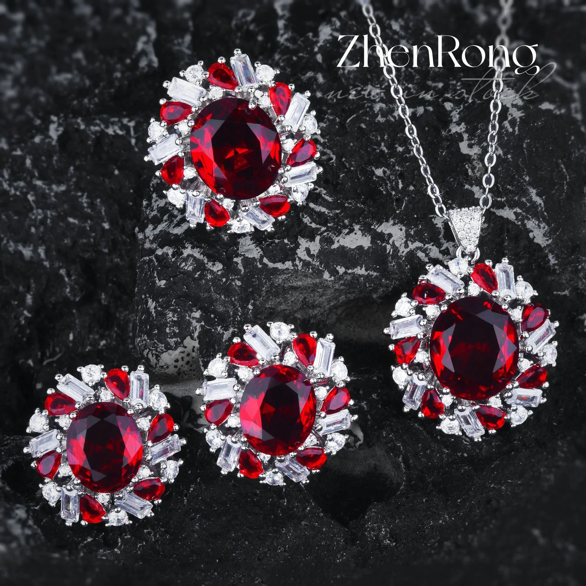 

Luxury Oval Cut Simulation Pigeon Blood Ruby Jewelry Sets For Women Rings Stud Earrings Pendant Necklaces Bride Wedding Set