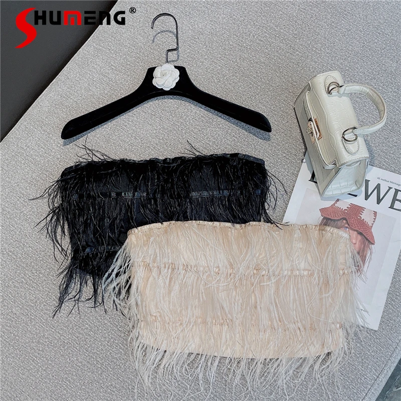 

2022 Summer New Sweet Short Bustier Top Western Style Sexy Bottoming Vest Hot Girl Age-Reducing Feather Stitching Tube Top
