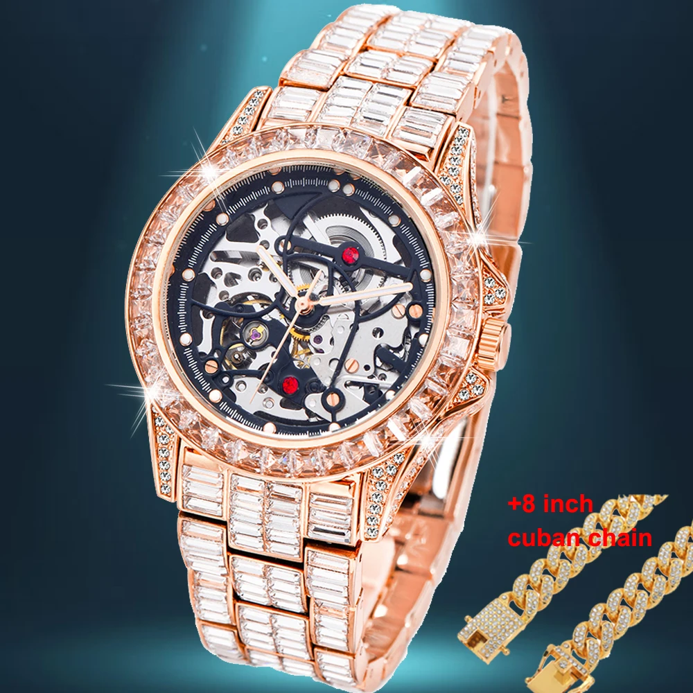 

Iced Out Watch Set Cuban Chain AAA Diamond Mechanical Mens Watches Skeleton Tourbillon Automatic Watch Rose Gold Montre Homme